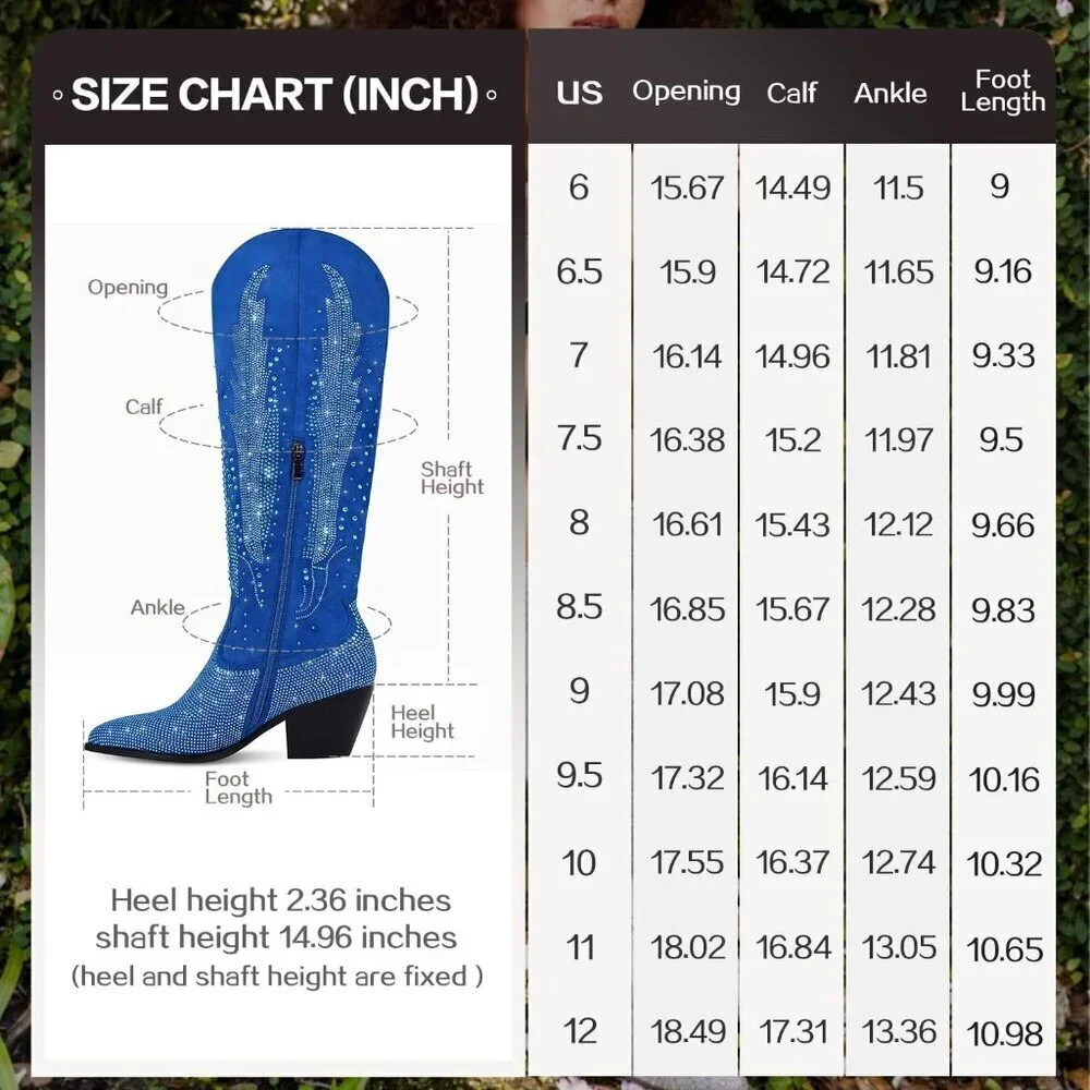 Women Polyurethane Blue Knee High Pointed Toe Chunky Heel Rhinestone Boot